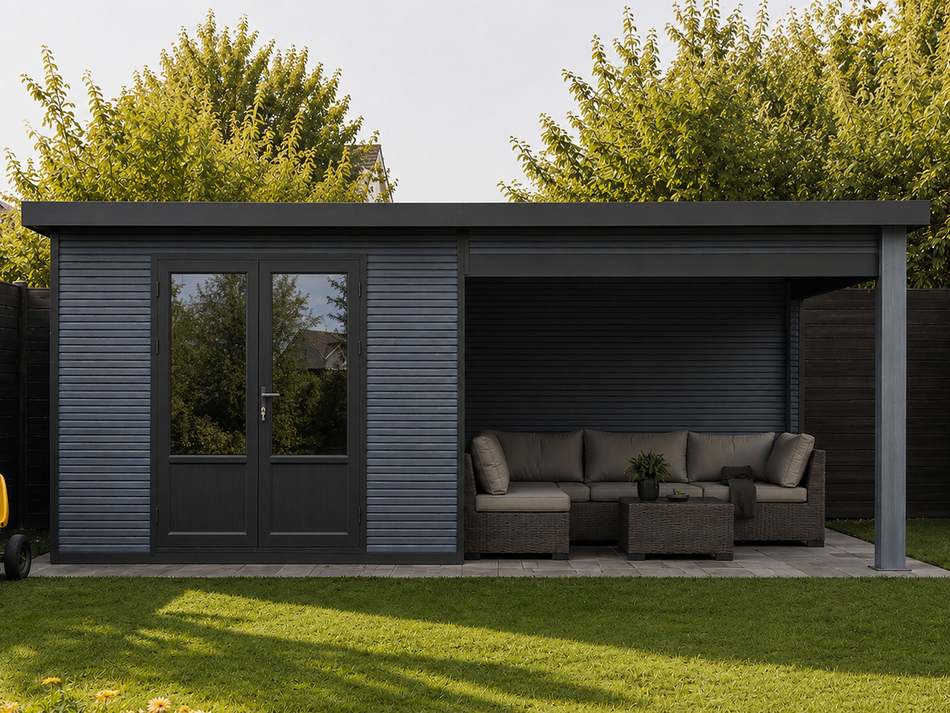 Linholm WPC Gartenhaus Norvia 5829 mit Anbaudach und Rückwand, inkl. Dachrinnen-Set, Anthrazit/Dunkelgrau