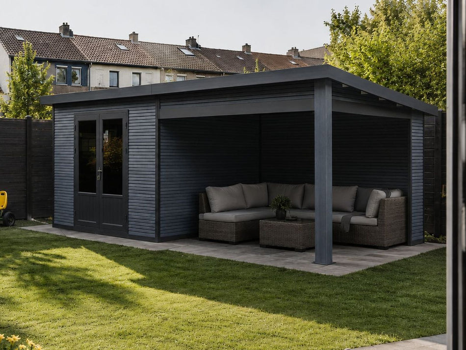 Linholm WPC Gartenhaus Norvia 5829 mit Anbaudach und Rückwand, inkl. Dachrinnen-Set, Dunkelgrau