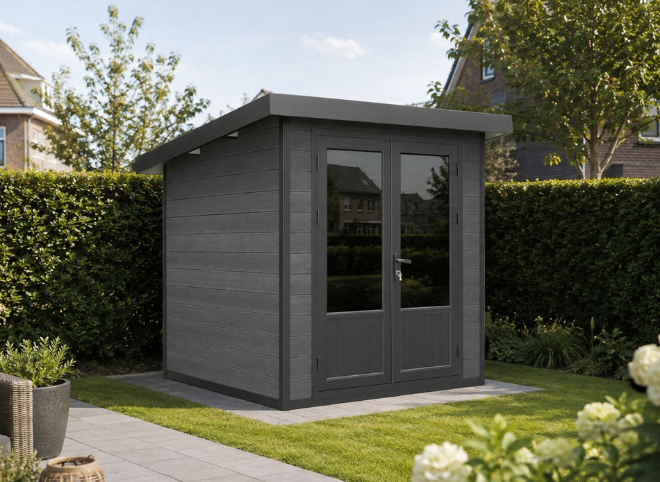 Linholm WPC Gartenhaus Lignum 2020 inkl. Dachrinnen-Set, 2-farbig Dunkelgrau/Anthrazit