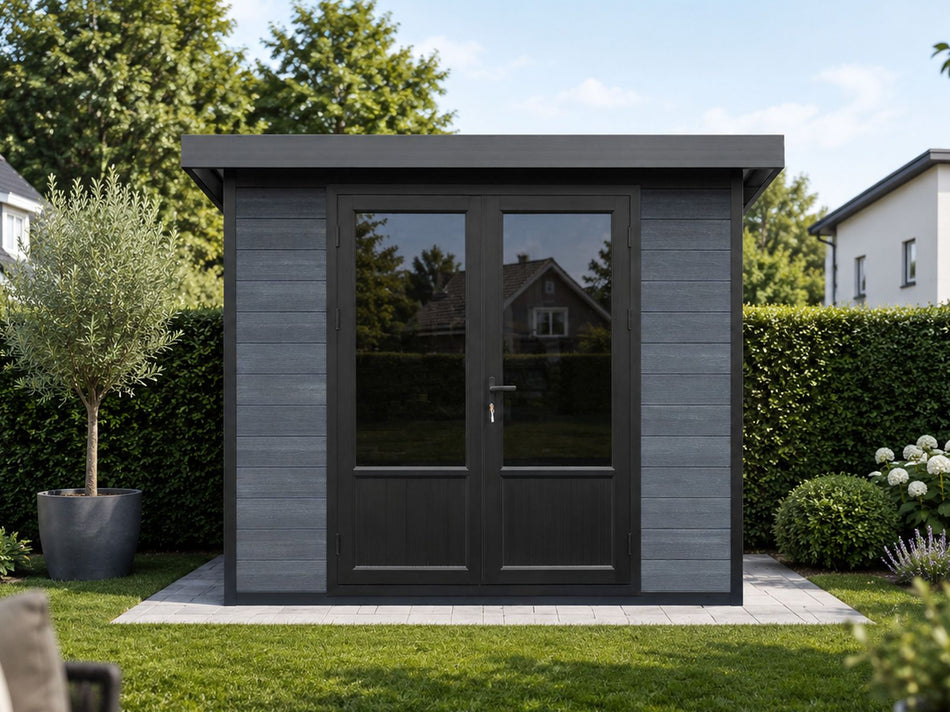 Linholm WPC Gartenhaus Lignum 2420, inkl. Dachrinnen-Set, 2-farbig Dunkelgrau/Anthrazit