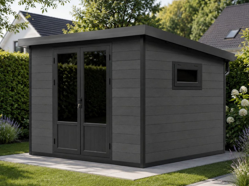 Linholm WPC Gartenhaus Lignum 2924, inkl. Dachrinnen-Set, 2-farbig Dunkelgrau/Anthrazit