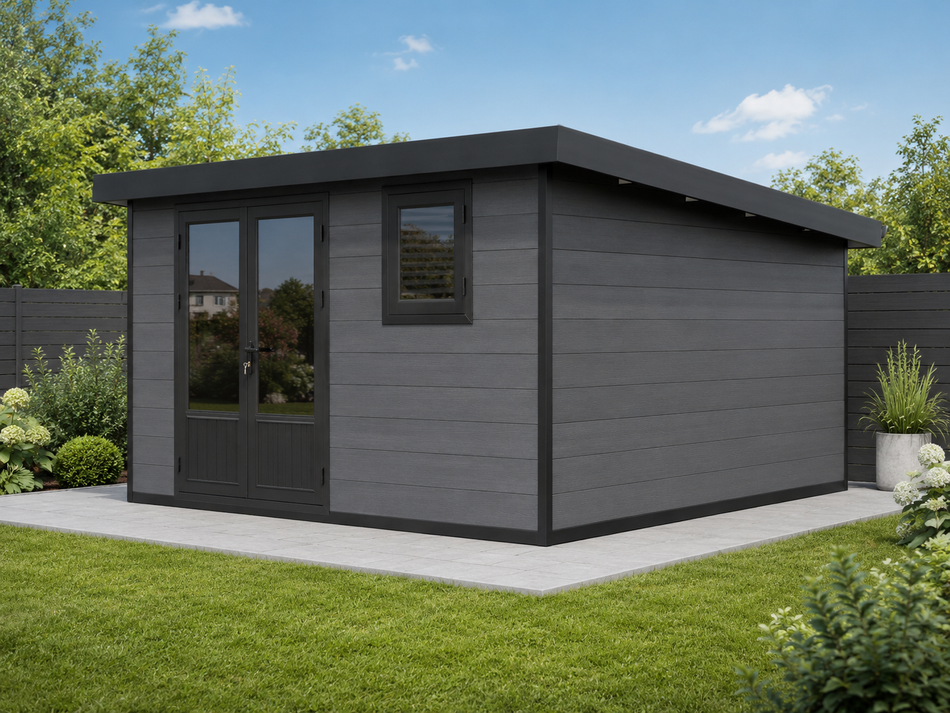 Linholm WPC Gartenhaus Lignum 3737, inkl. Dachrinnen-Set, 2-farbig Dunkelgrau/Anthrazit