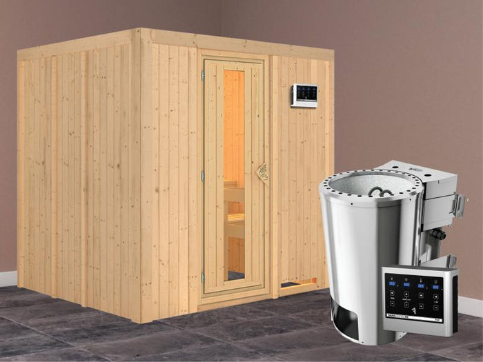 Daria - Karibu Sauna Plug & Play 3,6 kW Bio Ofen, ext. Steuerung - ohne Dachkranz - Energiespartür