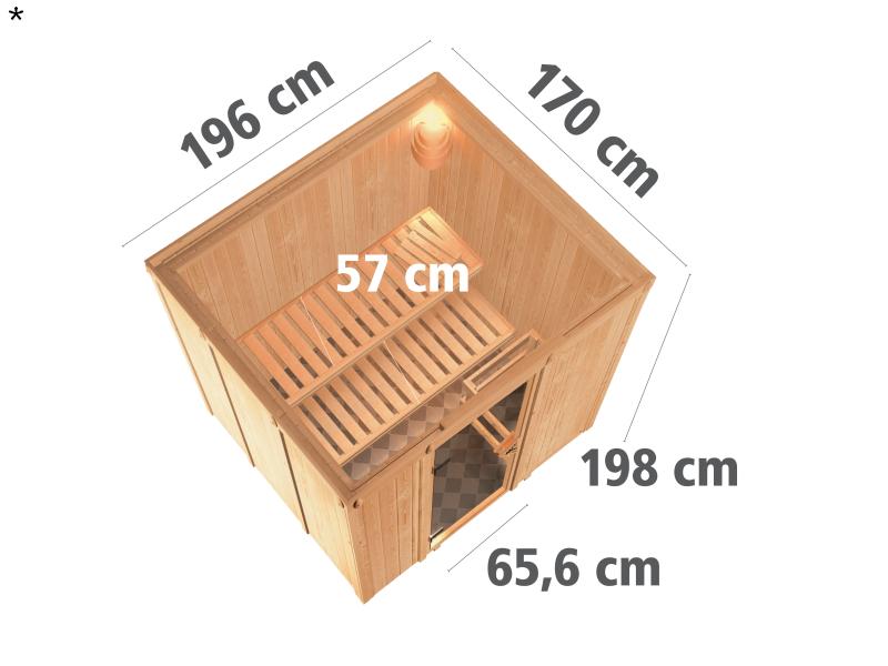 Daria - Karibu Sauna Plug & Play 3,6 kW Bio Ofen, ext. Steuerung - ohne Dachkranz - Energiespartür