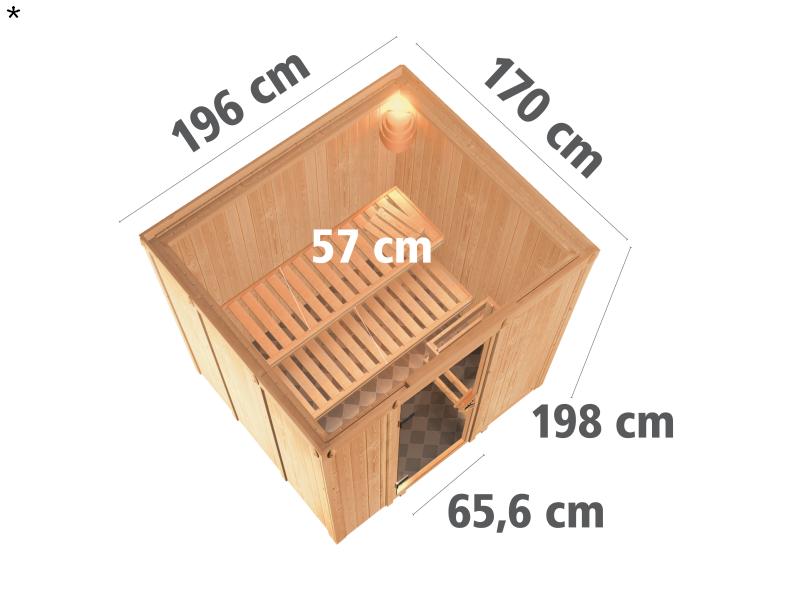 Daria - Karibu Sauna Plug & Play 3,6 kW Ofen, ext. Steuerung - ohne Dachkranz - Moderne Saunatür