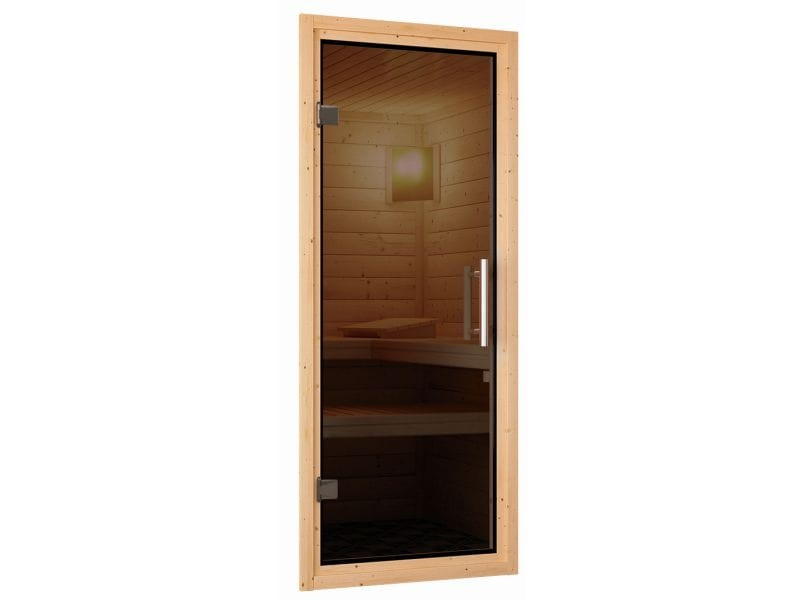 Daria - Karibu Sauna Plug & Play 3,6 kW Ofen, ext. Steuerung - ohne Dachkranz - Moderne Saunatür