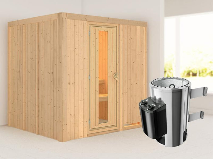 Daria - Karibu Sauna Plug & Play 3,6 kW Ofen, int. Steuerung - ohne Dachkranz - Energiespartür