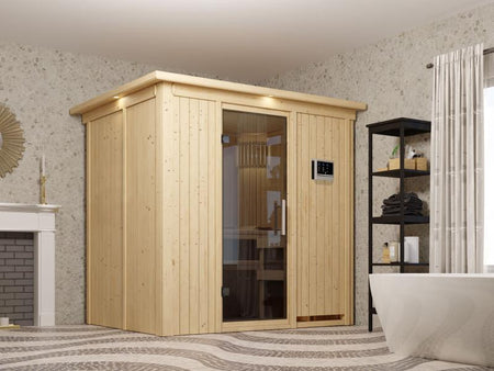 Fanja - Karibu Sauna Plug & Play 3,6 kW Ofen, ext. Steuerung - mit Dachkranz - Moderne Saunatür