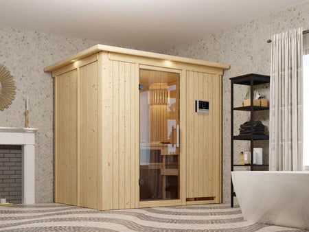 Fanja - Karibu Sauna Plug & Play 3,6 kW Ofen, ext. Steuerung - mit Dachkranz - Klarglas Ganzglastür