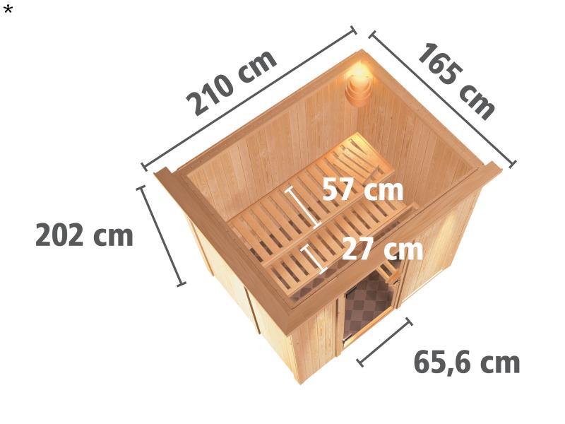 Fanja - Karibu Sauna Plug & Play 3,6 kW Ofen, ext. Steuerung - mit Dachkranz - Klarglas Ganzglastür
