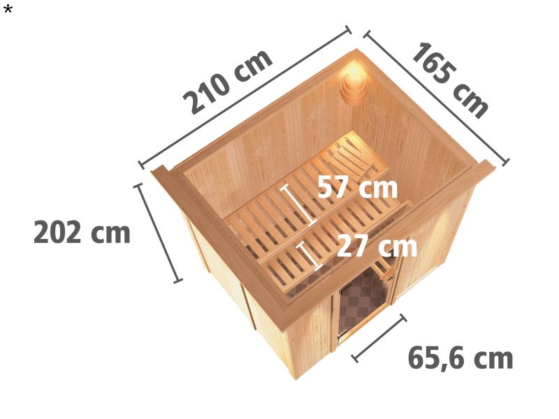 Fanja - Karibu Sauna Plug & Play 3,6 kW Ofen, int. Steuerung - mit Dachkranz - Moderne Saunatür
