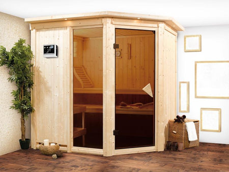 Fiona 2 - Karibu Sauna inkl. 9-kW-Bioofen - mit Dachkranz -