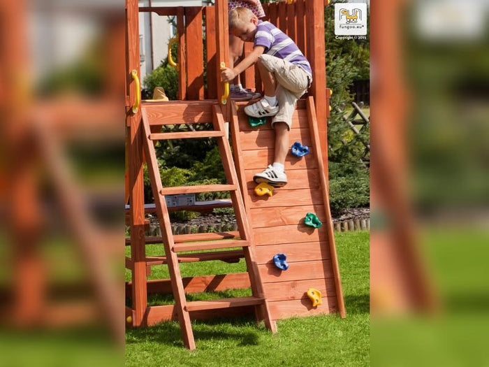 FUNGOO MODULE STEP ON (schmale Kletterwand mit 6 farbigen Klettersteinen) / NADELHOLZ teak impr.