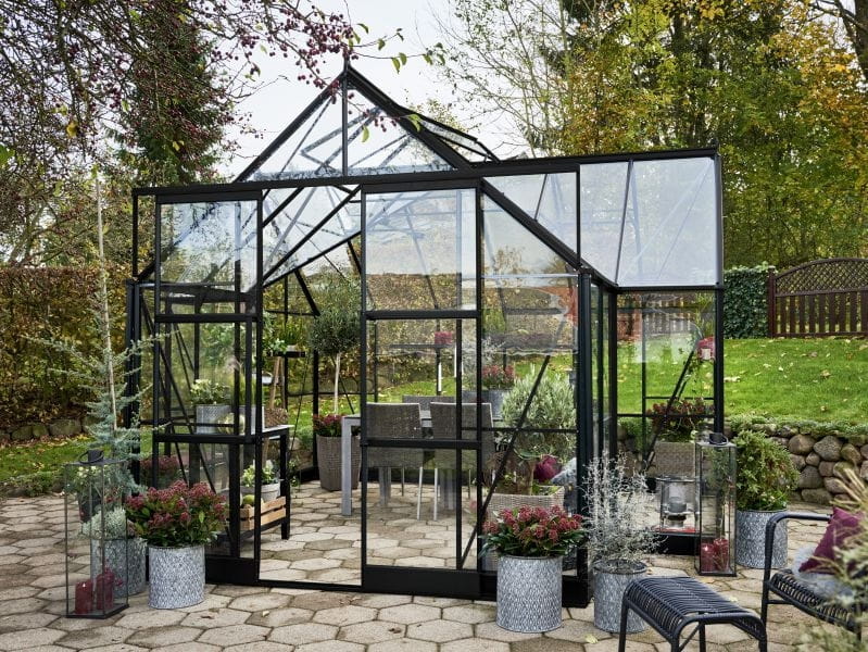 Halls Gewächshaus Garden Room Schwarz Sicherheitsglas - SPARSET inkl. Fundament