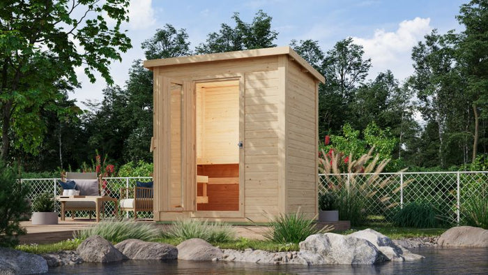 Karibu Saunahaus Hytti 1  38 mm - inkl. 9 kW Ofen integr. Steuerung - mit Energiespartür und Fußbode