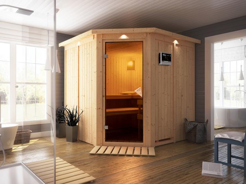 Jarin - Karibu Sauna inkl. 9-kW-Bioofen - mit Dachkranz -