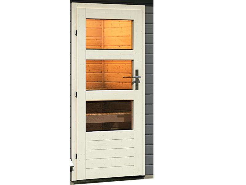 Karibu 38 mm Saunahaus Bosse 1 terragrau mit Vorraum - 9 kW Bio Ofen, ext. Steuerung - Moderne Sauna