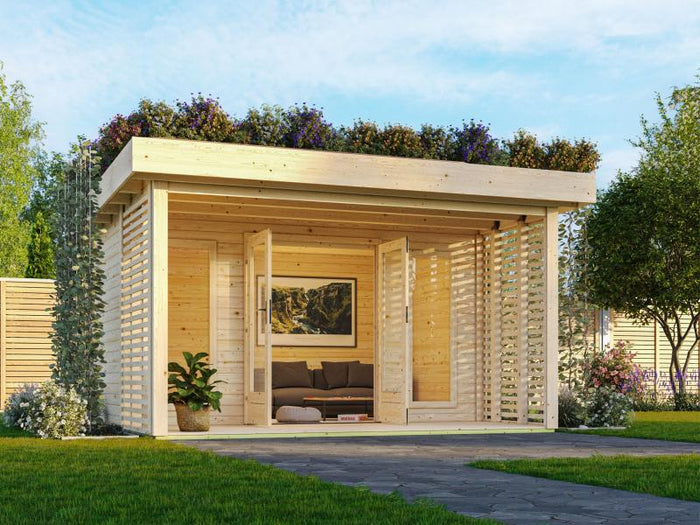 Karibu Aktionsgartenhaus Chalet mit Terrasse, natur, inkl. selbstklebende Dachbahn, Vlies, Wurzelsch