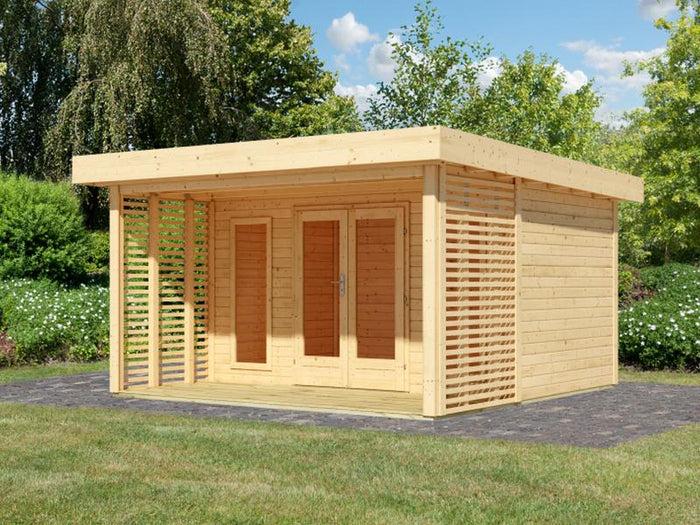Karibu Aktionsgartenhaus Chalet mit Terrasse, natur, inkl. selbstklebende Dachbahn, Vlies, Wurzelsch