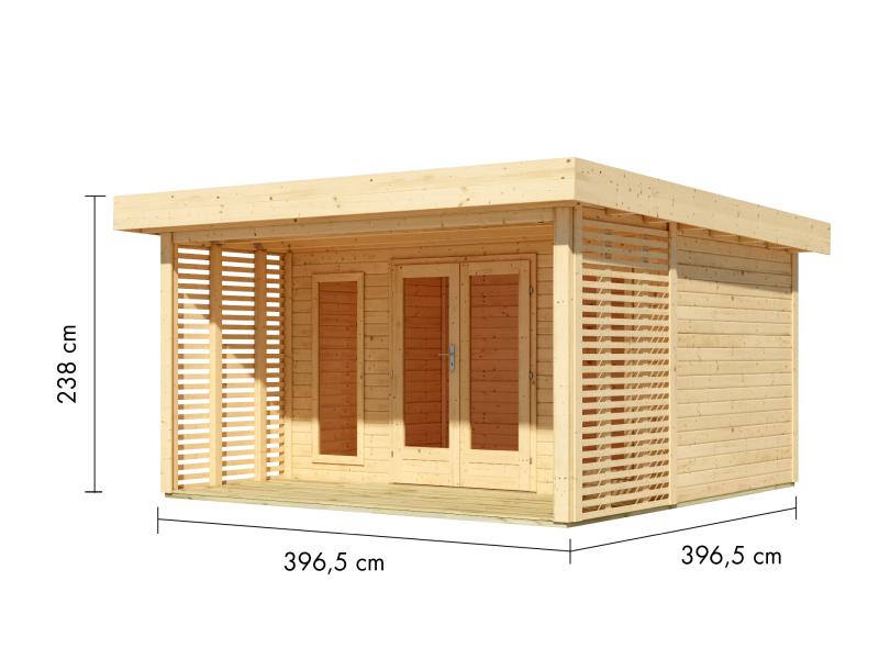 Karibu Aktionsgartenhaus Chalet mit Terrasse, natur, inkl. selbstklebende Dachbahn, Vlies, Wurzelsch
