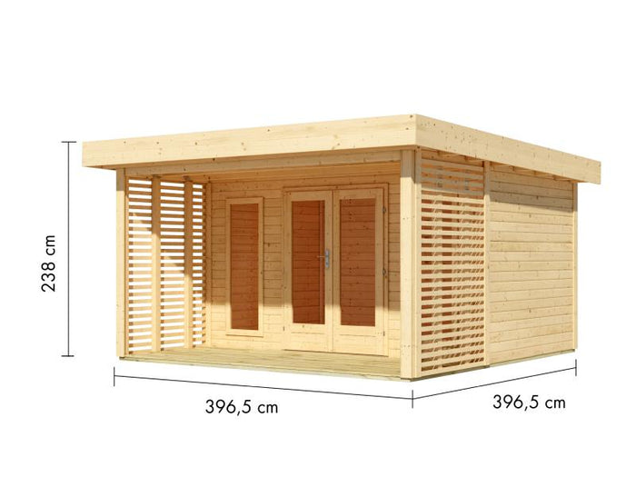 Karibu Aktionsgartenhaus Chalet mit Terrasse, natur, inkl. selbstklebende Dachbahn, Vlies, Wurzelsch