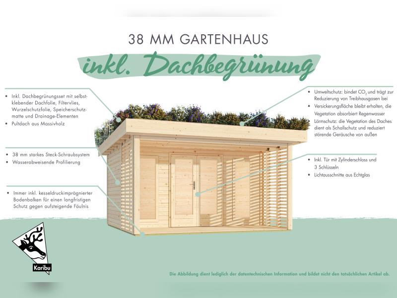 Karibu Aktionsgartenhaus Chalet mit Terrasse, natur, inkl. selbstklebende Dachbahn, Vlies, Wurzelsch