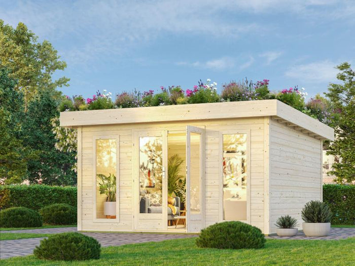 Karibu Aktionsgartenhaus Chalet, natur, inkl. selbstklebende Dachbahn, Vlies, Wurzelschutzfolie (für