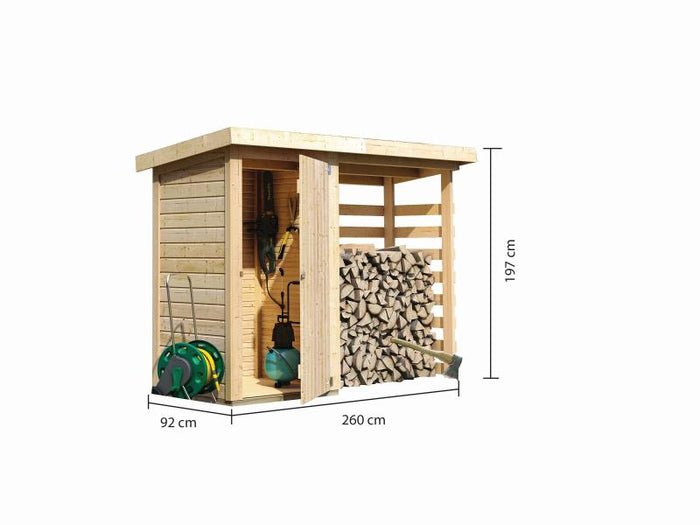 Karibu Aktionsgerätehaus Lohmi mit Anbau,  naturbelassen 14 mm