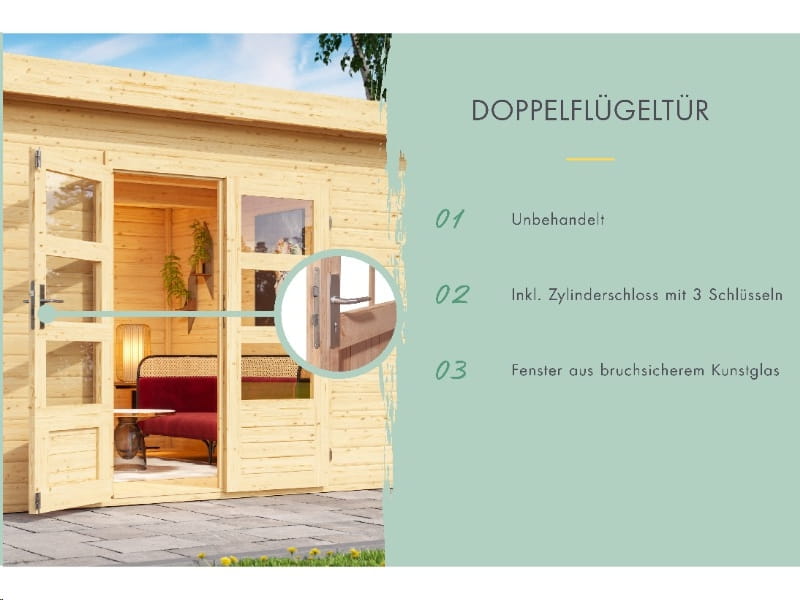 Karibu Gartenhaus Bastrup 5 mit Anbaudach 2 Meter inkl. Rückwand