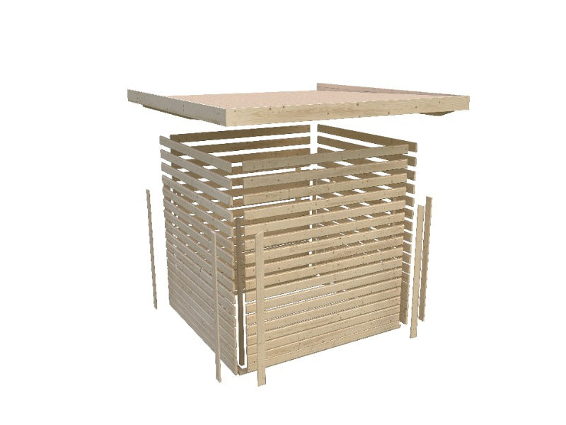 Karibu Gartenhaus Goldendorf 3 terragrau- Anbaudach 2,40 m und Rückwand