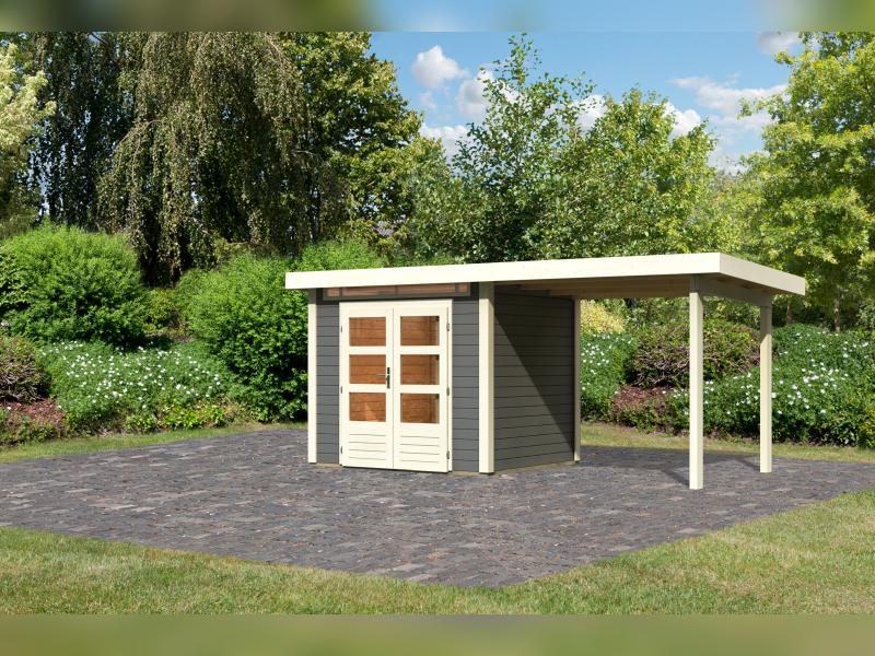 Karibu Gartenhaus Kandern 2 mit Anbaudach 2,35 m, terragrau