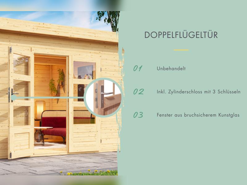 Karibu Gartenhaus Kandern 3 natur mit Anbaudach 2,35 m inkl. Rückwand