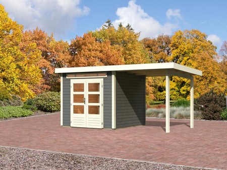 Karibu Gartenhaus Kandern 3 terragrau mit Anbaudach 2,35 m inkl. Rückwand