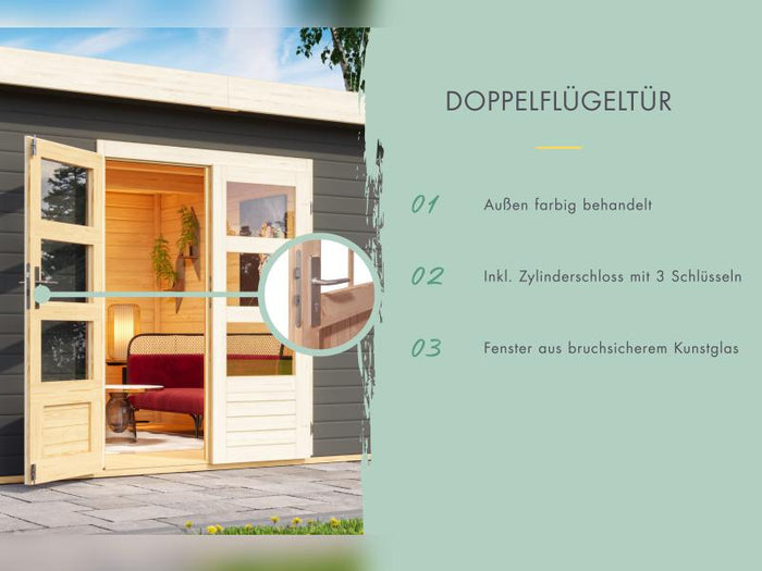 Karibu Gartenhaus Kandern 3 terragrau mit Anbaudach 2,35 m inkl. Rückwand