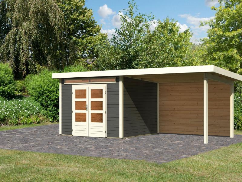 Karibu Gartenhaus Kandern 6 in terragrau mit Anbaudach 3,2 Meter inkl. Rückwand