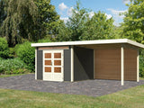 Karibu Gartenhaus Kandern 6 in terragrau mit Anbaudach 3,2 Meter inkl. Rückwand