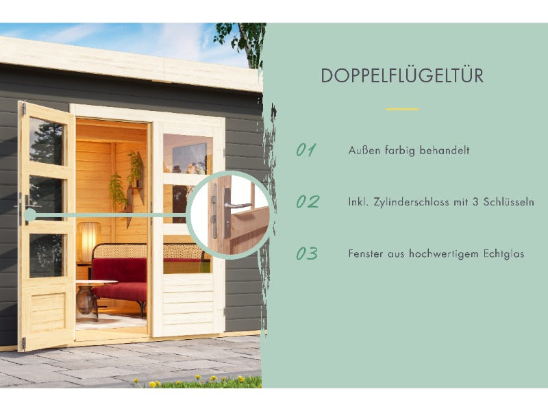 Karibu Gartenhaus Kandern 6 in terragrau mit Anbaudach 3,2 Meter inkl. Rückwand