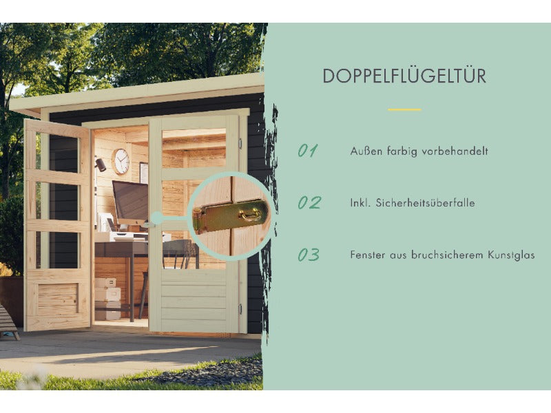 Karibu Gartenhaus Kerko 4 in terragrau mit Anbaudach 2,80 m und Rück-und Seitenwand