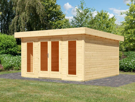 Karibu Gartenhaus Lotus, natur, inkl. selbstklebende Dachbahn, Vlies, Wurzelschutzfolie (für Dachbeg