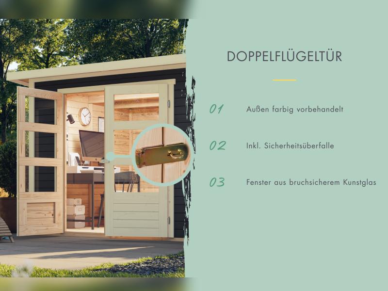 Karibu Gartenhaus Retola 3 in terragrau mit Anbaudach 2,40 Meter und Anbauschrank