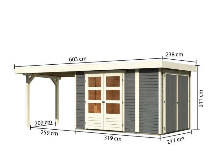 Karibu Gartenhaus Retola 3 in terragrau mit Anbauschrank und Anbaudachdach 2,80 Meter