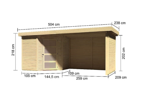 Karibu Gartenhaus Schwandorf 3 natur mit Anbaudach 2,75 Meter, Seiten- und Rückwand