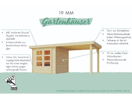 Karibu Gartenhaus Schwandorf 3 natur mit Anbaudach 2,75 Meter, Seiten- und Rückwand