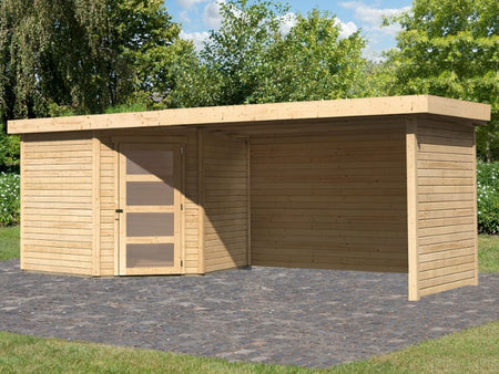 Karibu Gartenhaus Schwandorf 5 natur mit Anbaudach 2,75 Meter, Seiten- und Rückwand