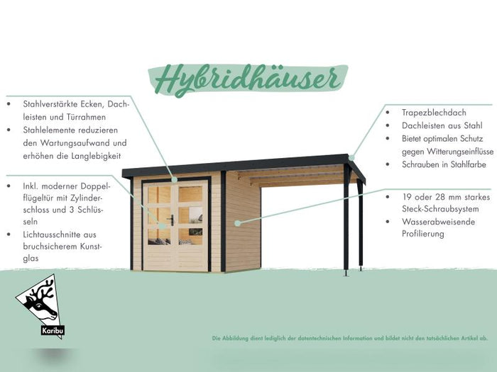 Karibu Hybrid Gartenhaus Jupiter 3 A naturbelassen/weiß inkl. 2,35 m Anbaudach