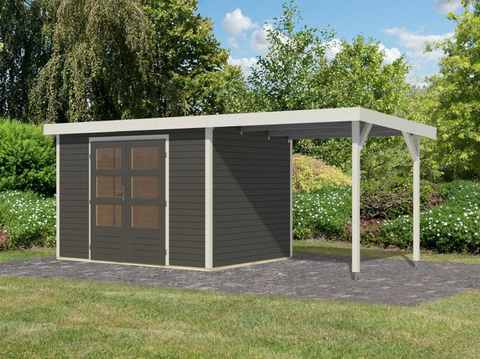 Karibu Hybrid Gartenhaus Jupiter 4 B terragrau/weiß, inkl. 2,35 m Anbaudach