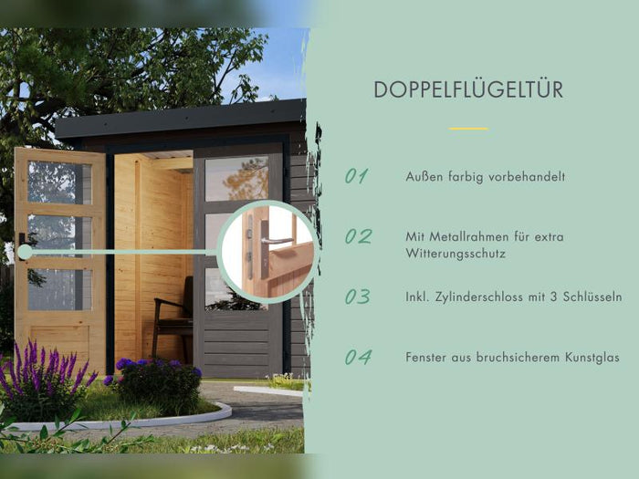 Karibu Hybrid Gartenhaus Jupiter 4 B terragrau/weiß, inkl. 2,35 m Anbaudach