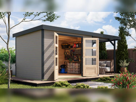 Karibu Hybrid Gartenhaus Jupiter 4 D wassergrau/anthrazit, inkl. 2,35 m Anbaudach