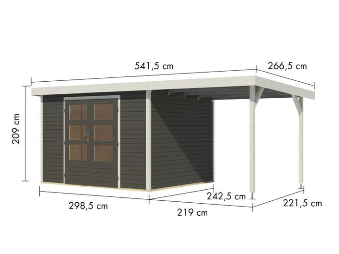 Karibu Hybrid Gartenhaus Jupiter 5 B terragrau/weiß, inkl. 2,35 m Anbaudach