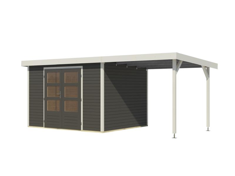 Karibu Hybrid Gartenhaus Jupiter 5 B terragrau/weiß, inkl. 2,35 m Anbaudach